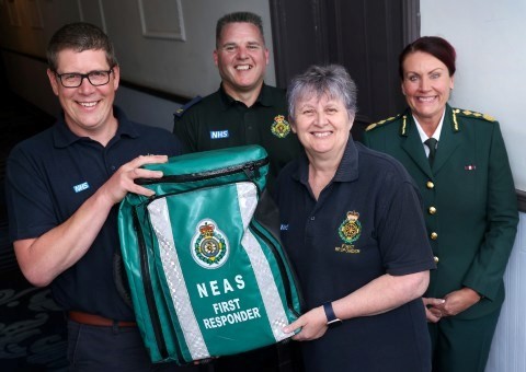 Community first responders Dunmail Hodkinson and Susan Bainbridge with NEAS community resuscitation training officer Michael Elvidge and deputy chief operating officer Victoria Court.jpg